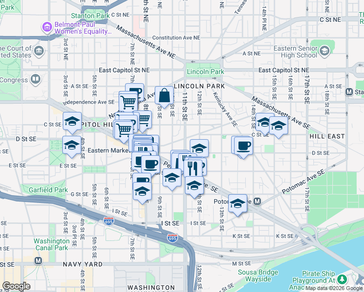 map of restaurants, bars, coffee shops, grocery stores, and more near 101 Independence Avenue Southeast in Washington