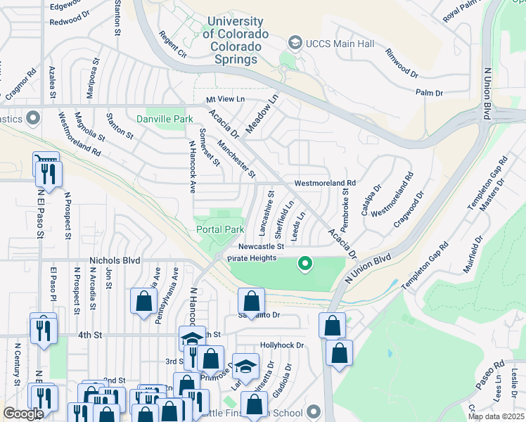 map of restaurants, bars, coffee shops, grocery stores, and more near 3702 Lancashire Street in Colorado Springs