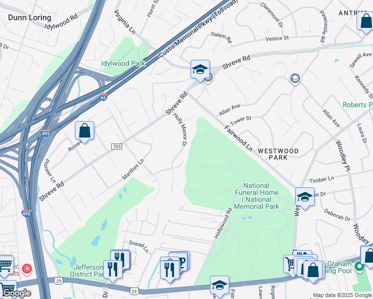 map of restaurants, bars, coffee shops, grocery stores, and more near 2571 Holly Manor Drive in Falls Church