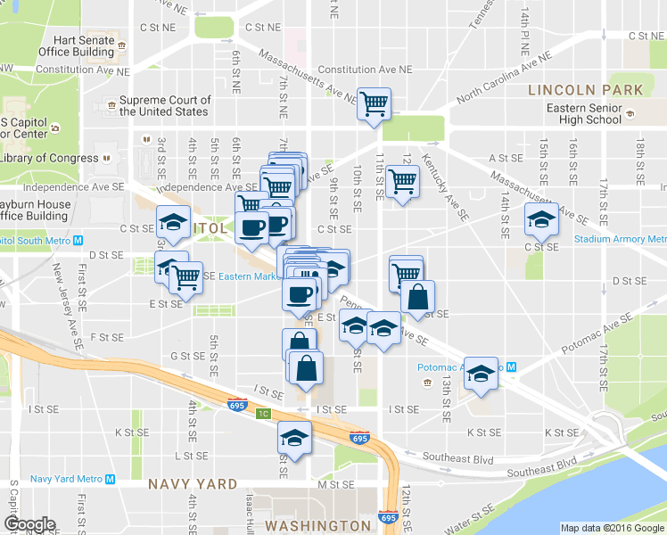 map of restaurants, bars, coffee shops, grocery stores, and more near South Carolina Avenue Southeast & 9th Street Southeast in Washington