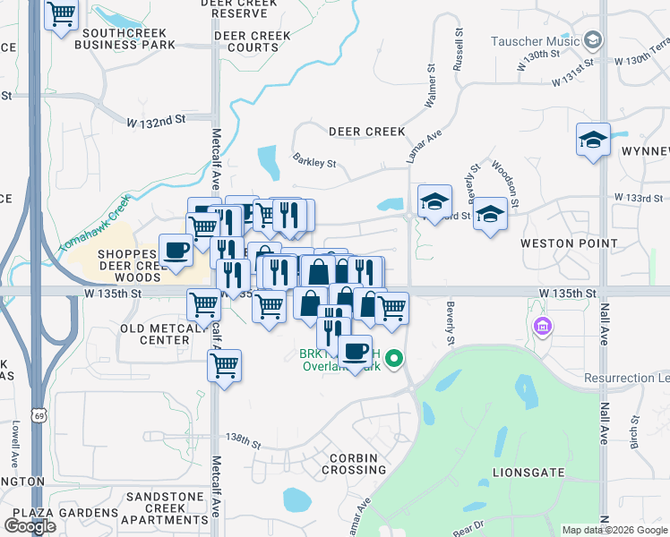 map of restaurants, bars, coffee shops, grocery stores, and more near 6526 West 134th Terrace in Leawood