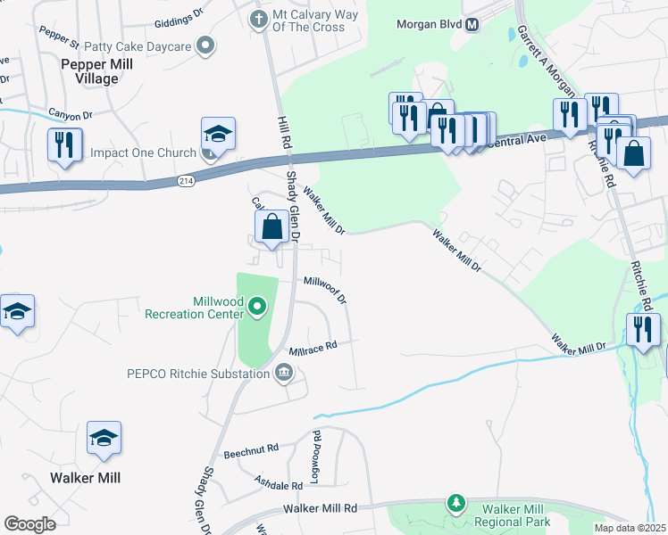 map of restaurants, bars, coffee shops, grocery stores, and more near 406 Shady Glen Drive in Capitol Heights