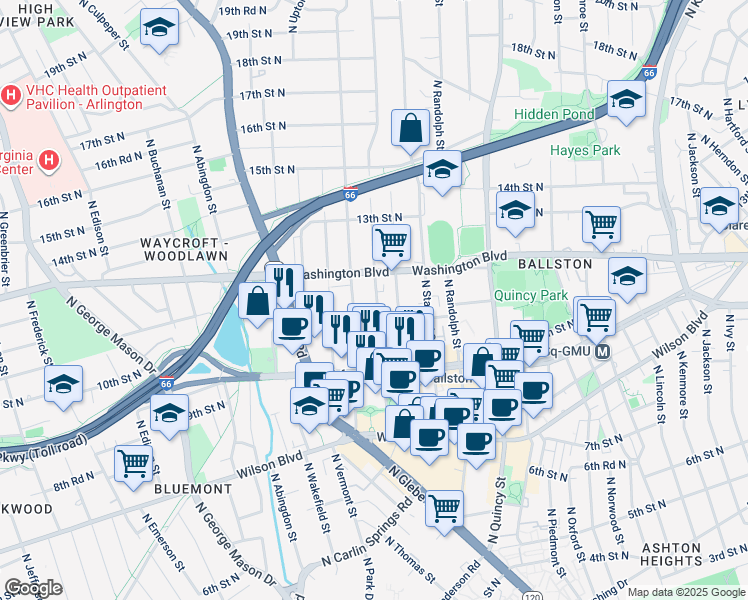 map of restaurants, bars, coffee shops, grocery stores, and more near 1122 North Taylor Street in Arlington