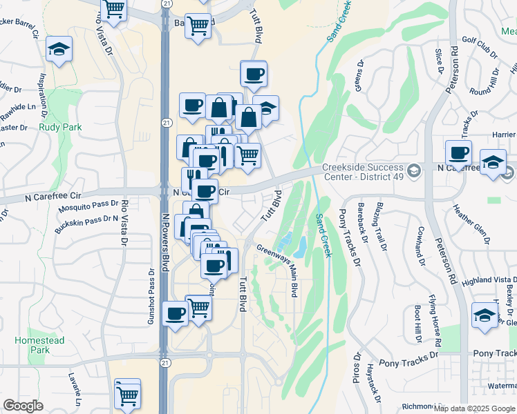 map of restaurants, bars, coffee shops, grocery stores, and more near 3675 Powell Point in Colorado Springs