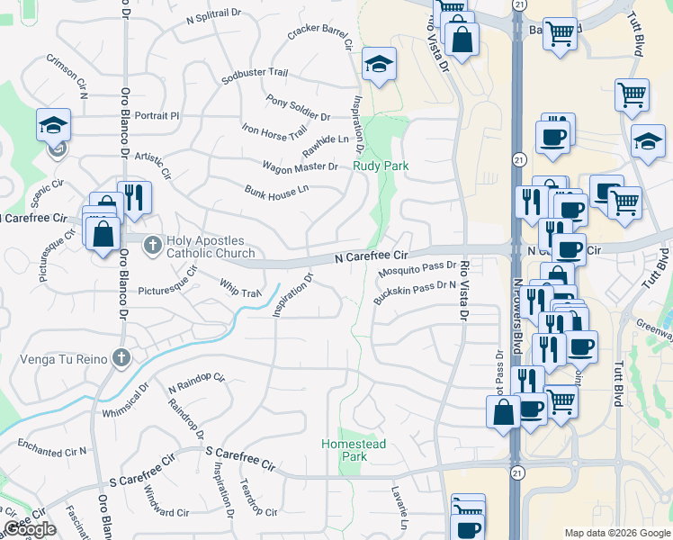 map of restaurants, bars, coffee shops, grocery stores, and more near 5355 Carefree Place in Colorado Springs
