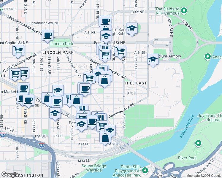 map of restaurants, bars, coffee shops, grocery stores, and more near 101 Independence Avenue Southeast in Washington