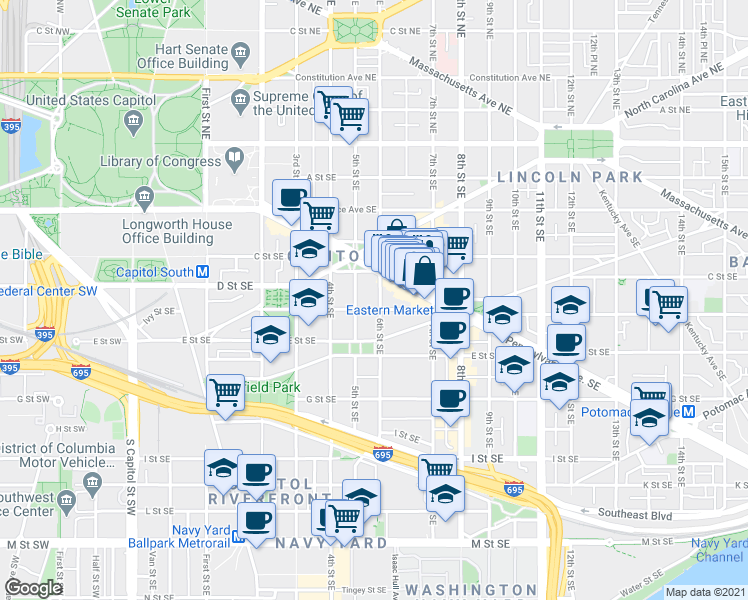 map of restaurants, bars, coffee shops, grocery stores, and more near 101 Independence Avenue Southeast in Washington