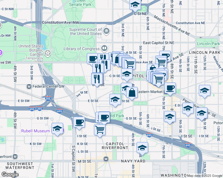map of restaurants, bars, coffee shops, grocery stores, and more near 101 Independence Avenue Southeast in Washington
