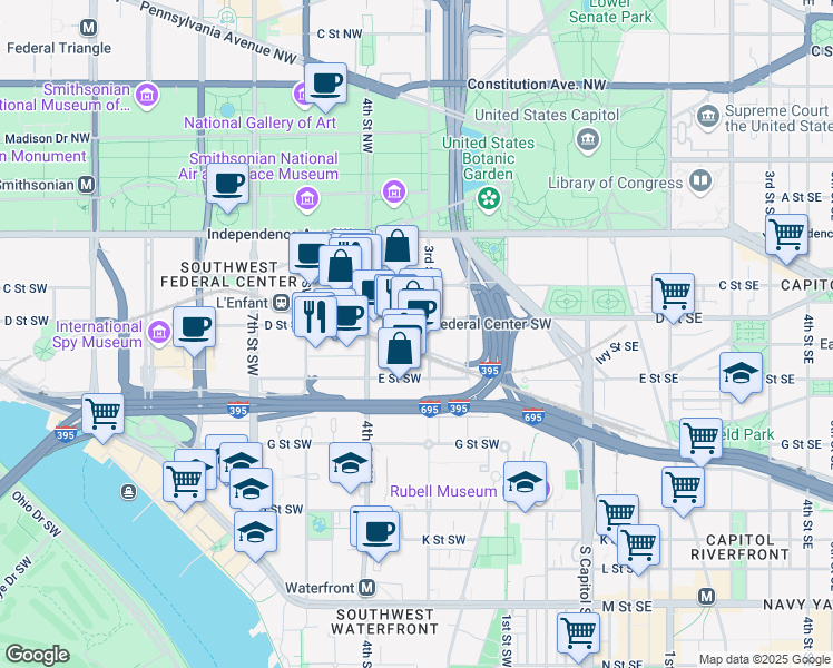 map of restaurants, bars, coffee shops, grocery stores, and more near 101 Independence Avenue Southeast in Washington