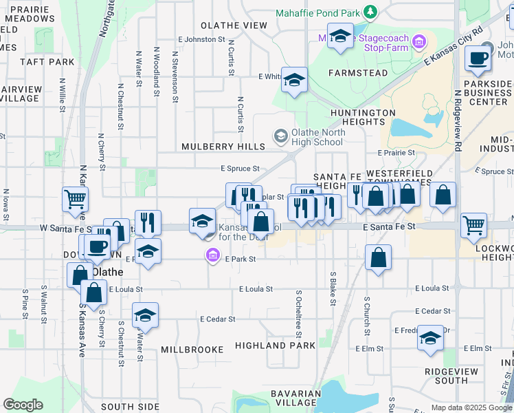 map of restaurants, bars, coffee shops, grocery stores, and more near 517 East Poplar Street in Olathe