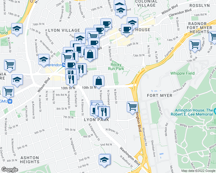 map of restaurants, bars, coffee shops, grocery stores, and more near 10th St N & N Cleveland St in Arlington