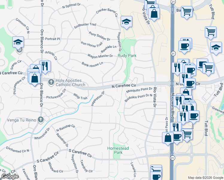 map of restaurants, bars, coffee shops, grocery stores, and more near 5355 Carefree Place in Colorado Springs