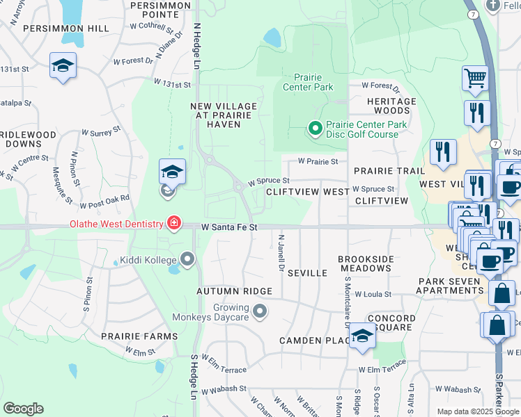 map of restaurants, bars, coffee shops, grocery stores, and more near 217 North Ferrel Street in Olathe