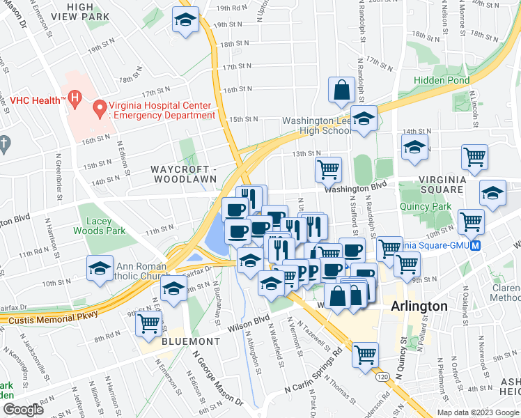 map of restaurants, bars, coffee shops, grocery stores, and more near 1146 North Vernon Street in Arlington