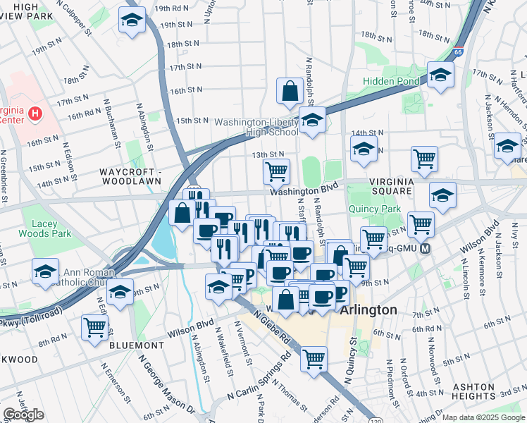 map of restaurants, bars, coffee shops, grocery stores, and more near 1146 North Taylor Street in Arlington