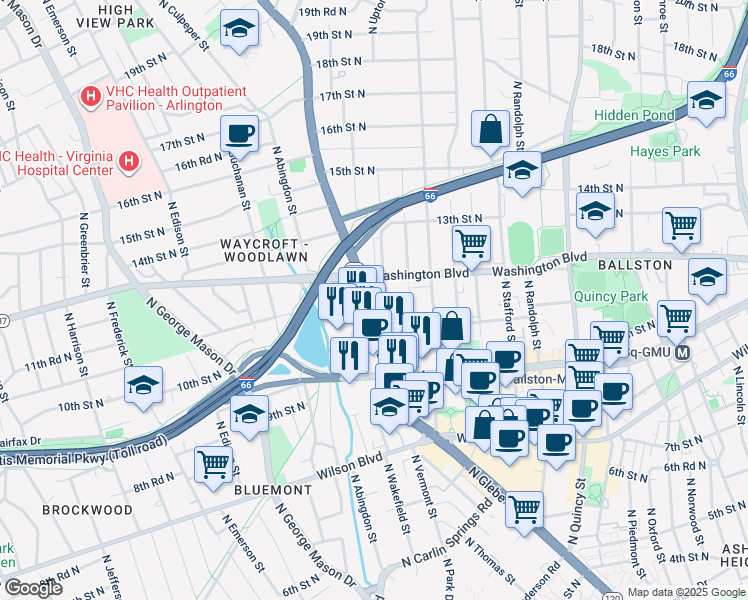 map of restaurants, bars, coffee shops, grocery stores, and more near 1146 North Vernon Street in Arlington