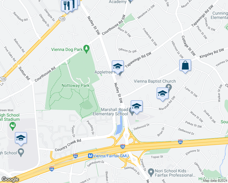 map of restaurants, bars, coffee shops, grocery stores, and more near 1004 Moorefield Creek Road Southwest in Vienna