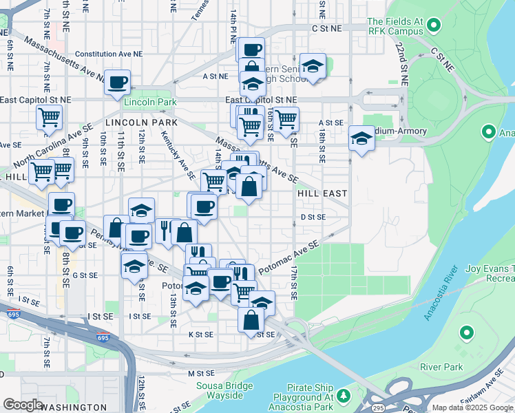 map of restaurants, bars, coffee shops, grocery stores, and more near 330 15th Street Southeast in Washington