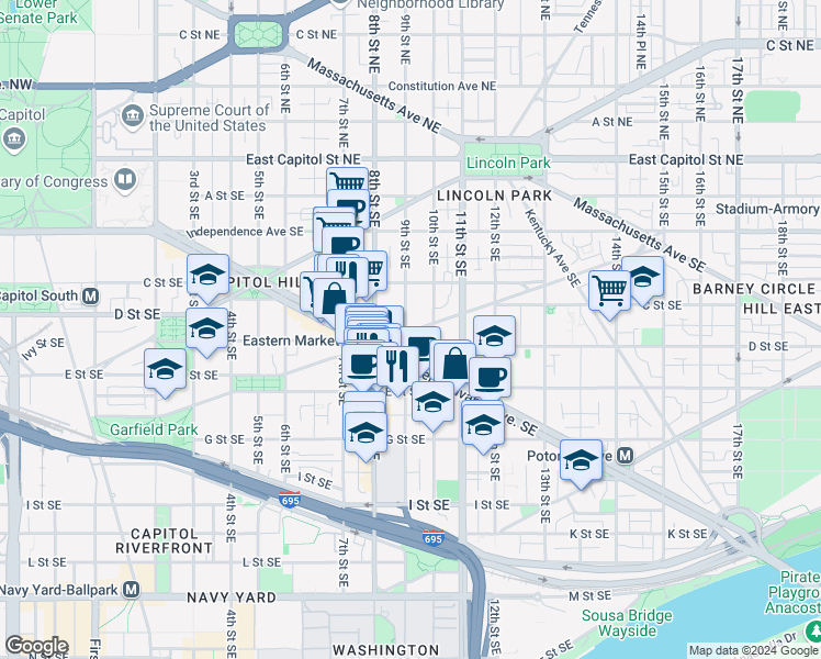 map of restaurants, bars, coffee shops, grocery stores, and more near 350 9th Street Southeast in Washington