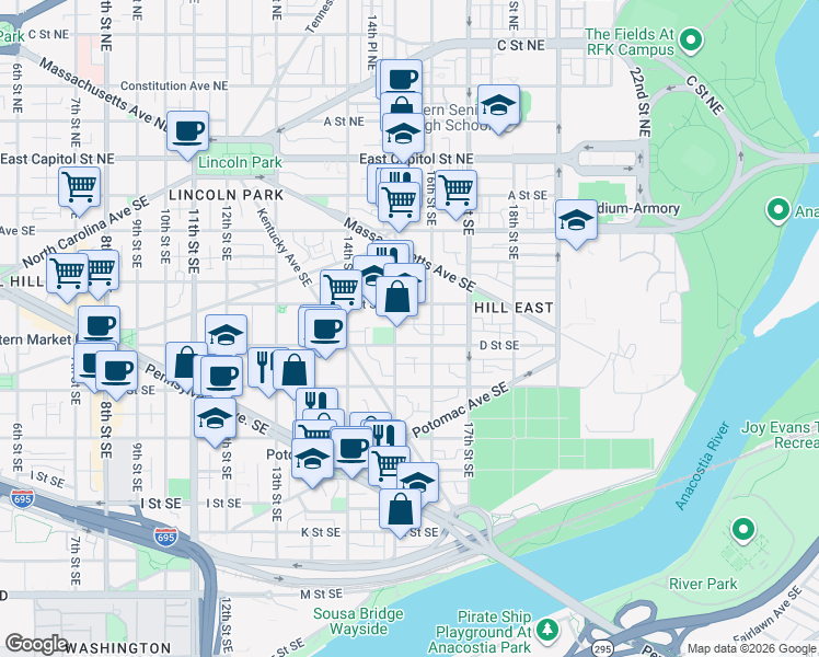 map of restaurants, bars, coffee shops, grocery stores, and more near 330 15th Street Southeast in Washington