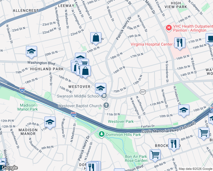map of restaurants, bars, coffee shops, grocery stores, and more near 5819 Washington Boulevard in Arlington