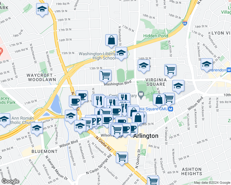 map of restaurants, bars, coffee shops, grocery stores, and more near 1116 North Stafford Street in Arlington