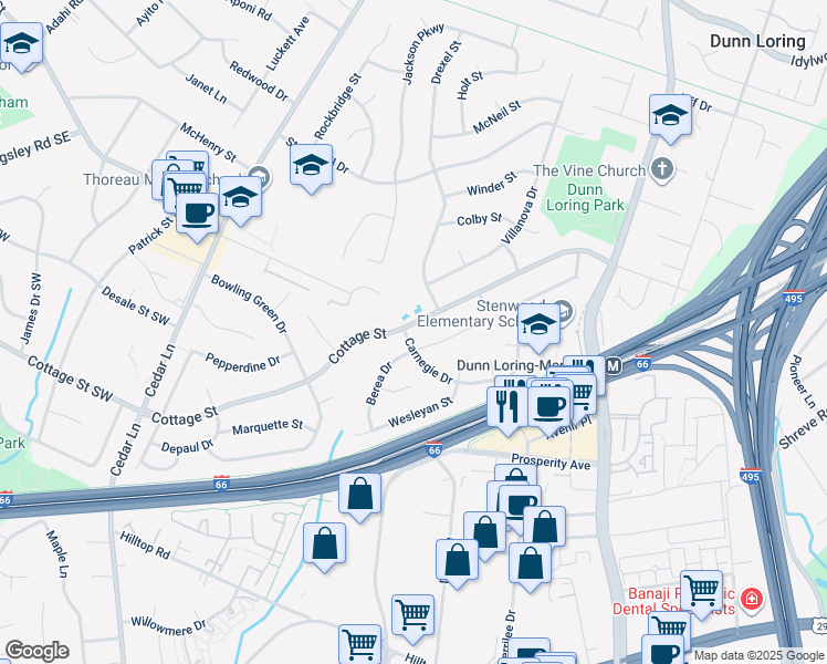 map of restaurants, bars, coffee shops, grocery stores, and more near 8346 Carnegie Drive in Vienna