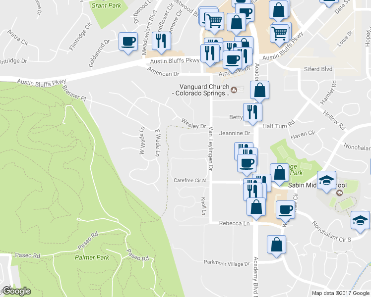 map of restaurants, bars, coffee shops, grocery stores, and more near 3434 Queen Anne Way in Colorado Springs