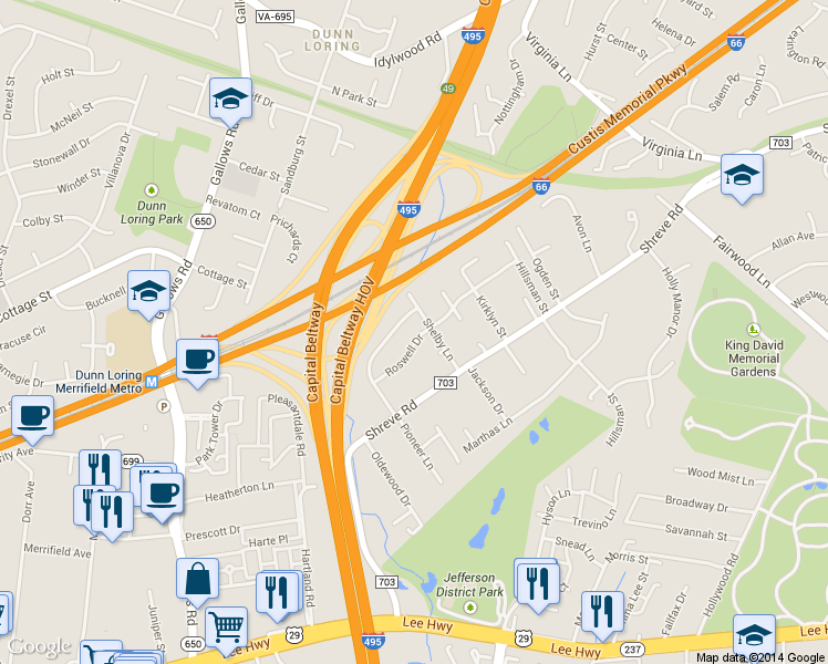 map of restaurants, bars, coffee shops, grocery stores, and more near 7908 Roswell Drive in Falls Church