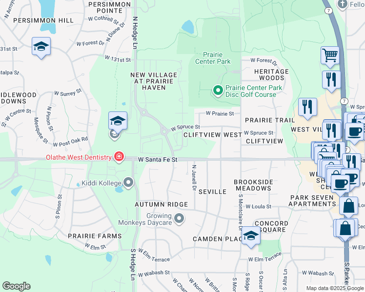 map of restaurants, bars, coffee shops, grocery stores, and more near 225 North Ferrel Street in Olathe