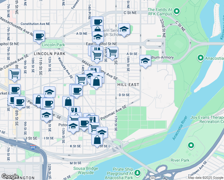 map of restaurants, bars, coffee shops, grocery stores, and more near in Washington