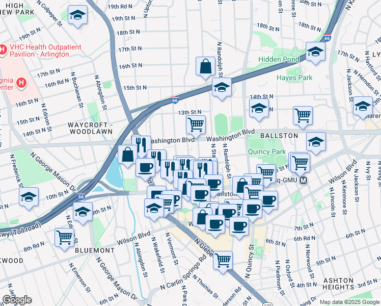 map of restaurants, bars, coffee shops, grocery stores, and more near 1147 North Taylor Street in Arlington