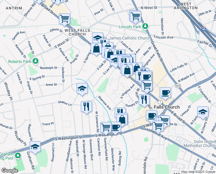 map of restaurants, bars, coffee shops, grocery stores, and more near 170 Rees Place in Falls Church