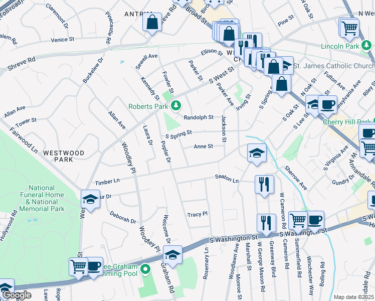 map of restaurants, bars, coffee shops, grocery stores, and more near 608 Knollwood Drive in Falls Church