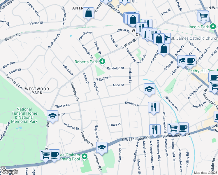 map of restaurants, bars, coffee shops, grocery stores, and more near 608 Knollwood Drive in Falls Church
