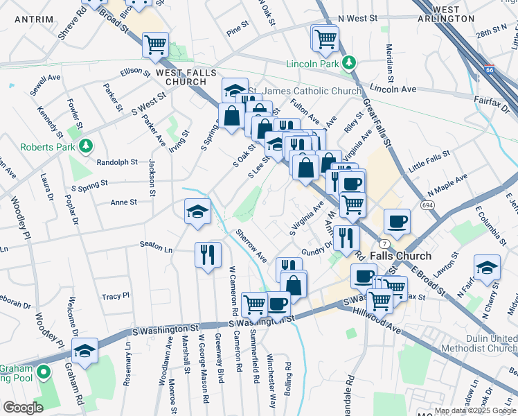 map of restaurants, bars, coffee shops, grocery stores, and more near 170 Rees Place in Falls Church
