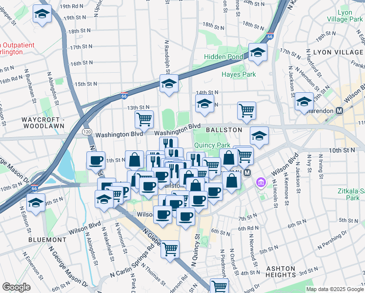 map of restaurants, bars, coffee shops, grocery stores, and more near 4017 11th Street North in Arlington