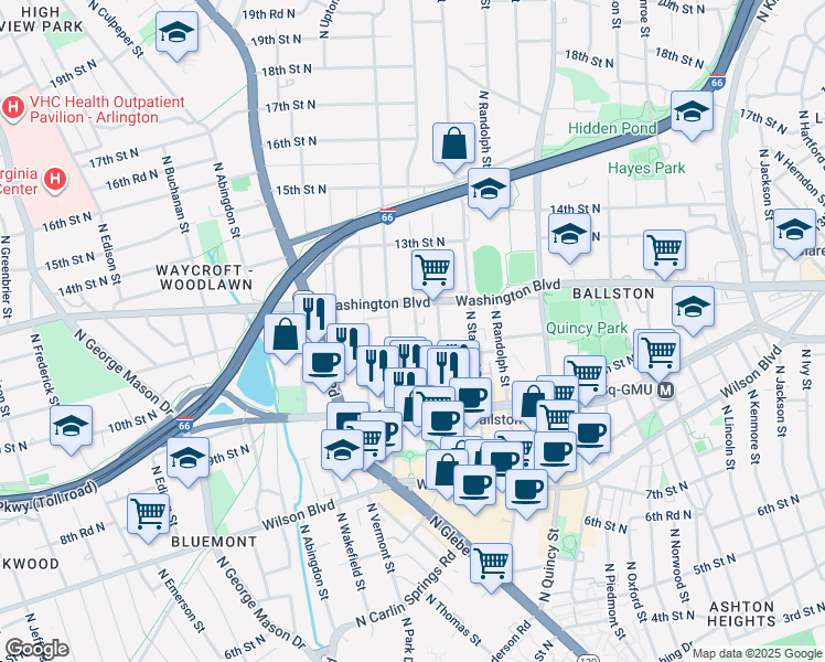 map of restaurants, bars, coffee shops, grocery stores, and more near 1122 North Taylor Street in Arlington