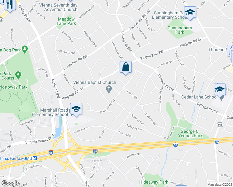 map of restaurants, bars, coffee shops, grocery stores, and more near 1001 Mountfort Court Southwest in Vienna