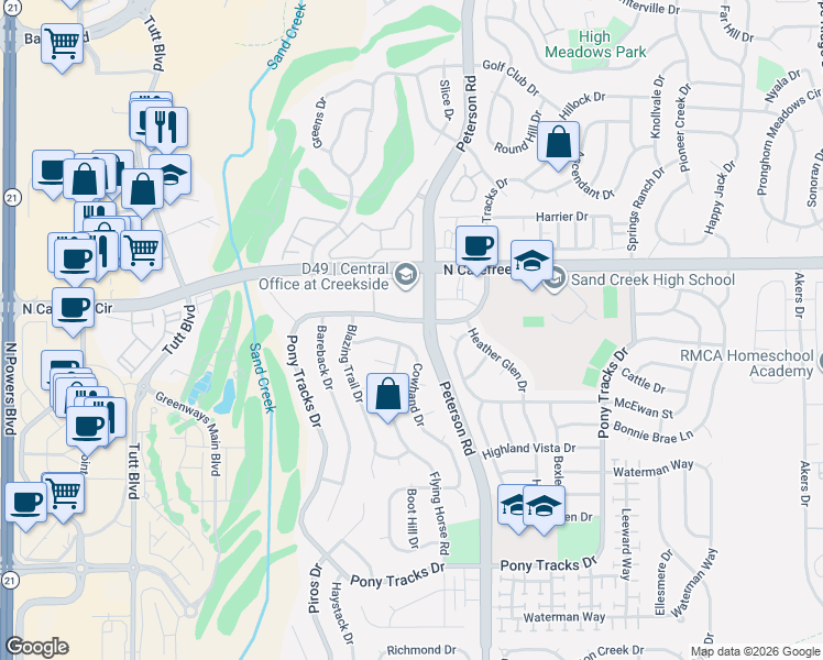 map of restaurants, bars, coffee shops, grocery stores, and more near 3549 Cowhand Drive in Colorado Springs