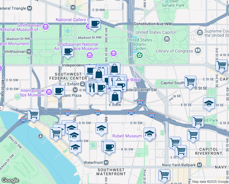 map of restaurants, bars, coffee shops, grocery stores, and more near 400 4th Street Southwest in Washington