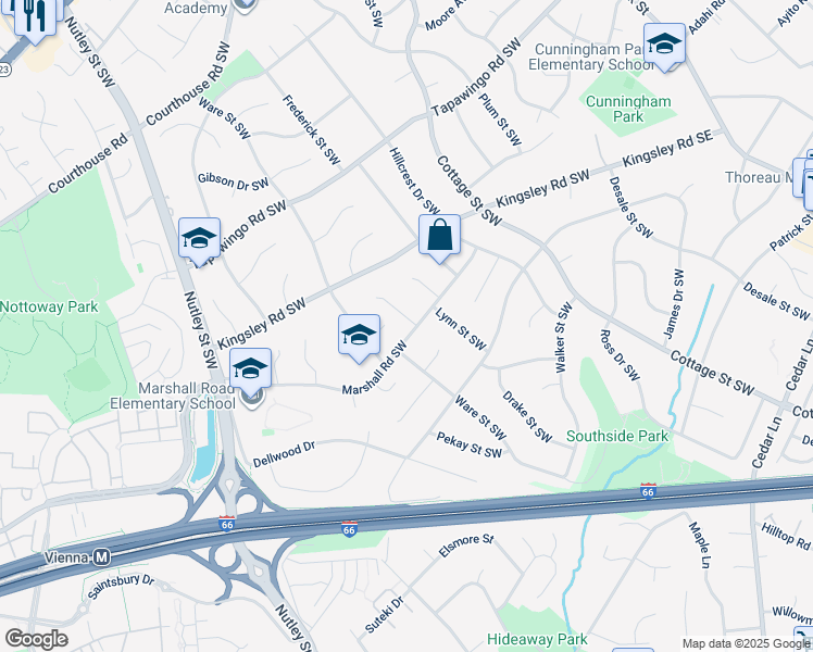 map of restaurants, bars, coffee shops, grocery stores, and more near 1001 Mountfort Court Southwest in Vienna