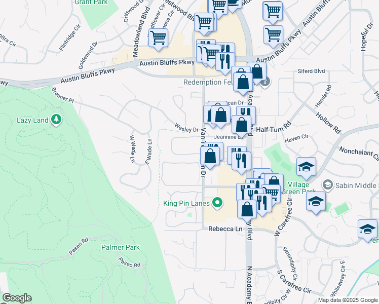 map of restaurants, bars, coffee shops, grocery stores, and more near 3360 Queen Anne Way in Colorado Springs