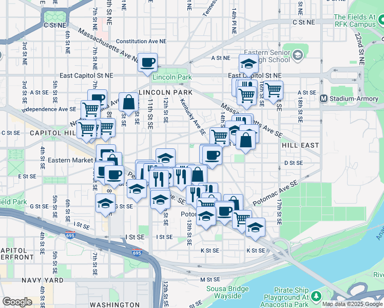 map of restaurants, bars, coffee shops, grocery stores, and more near 330 13th Street Southeast in Washington