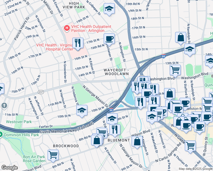 map of restaurants, bars, coffee shops, grocery stores, and more near 1211 North Dinwiddie Street in Arlington
