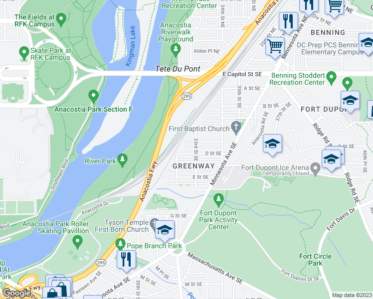 map of restaurants, bars, coffee shops, grocery stores, and more near 3216 D Street Southeast in Washington