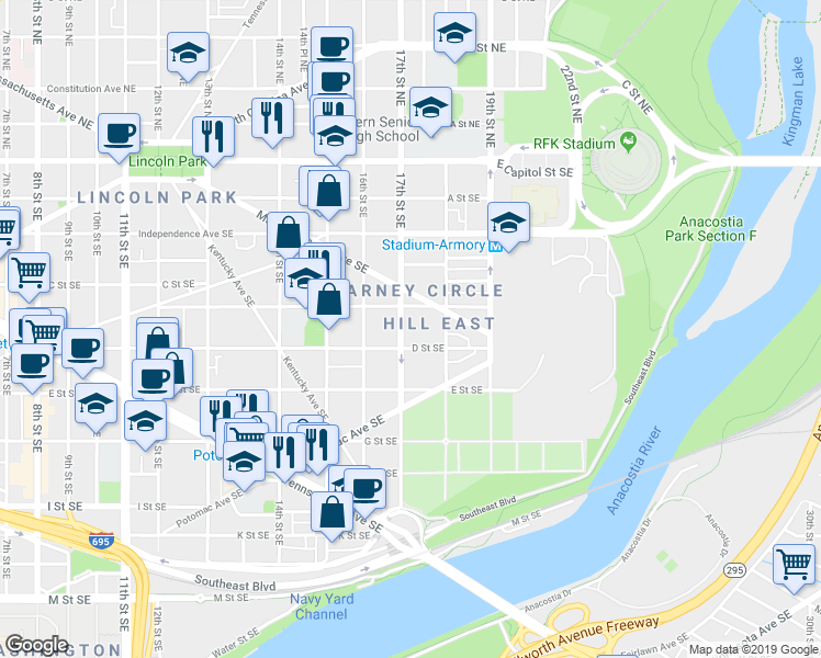 map of restaurants, bars, coffee shops, grocery stores, and more near 320 17th Street Southeast in Washington