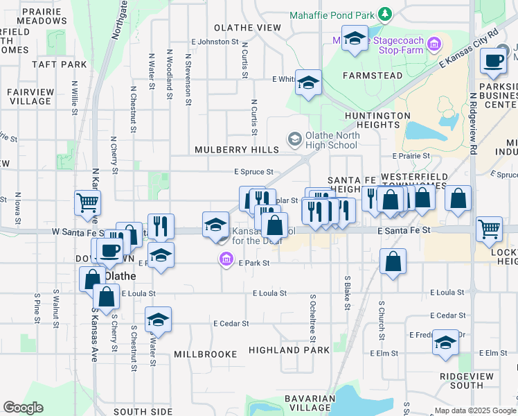 map of restaurants, bars, coffee shops, grocery stores, and more near 517 East Poplar Street in Olathe