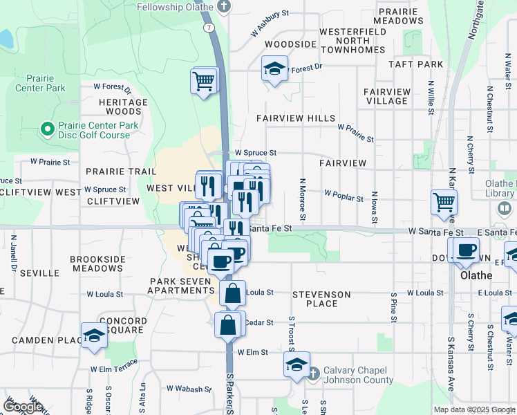 map of restaurants, bars, coffee shops, grocery stores, and more near 1070 West Santa Fe Street in Olathe