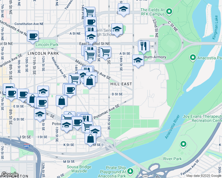 map of restaurants, bars, coffee shops, grocery stores, and more near 320 17th Street Southeast in Washington